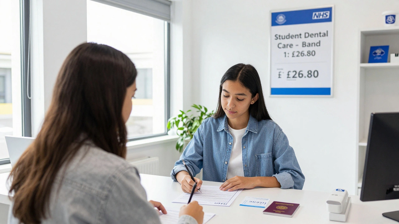 A student filling out a dental registration form at a clinic reception with NHS information visible.
