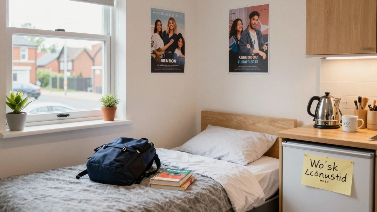 A student-friendly Airbnb room with kitchenette and personal touches in a Manchester home.