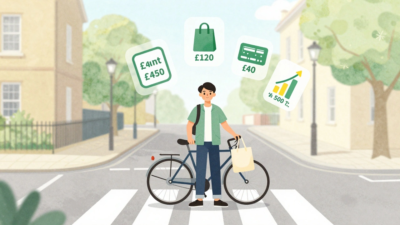 A student in Nottingham with a bike and shopping bag, surrounded by floating icons showing low living costs and part-time income.