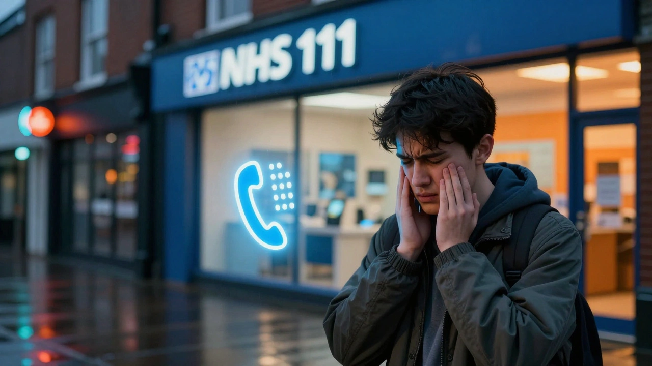 A student in pain outside a closed dental office with an NHS 111 helpline icon glowing nearby.