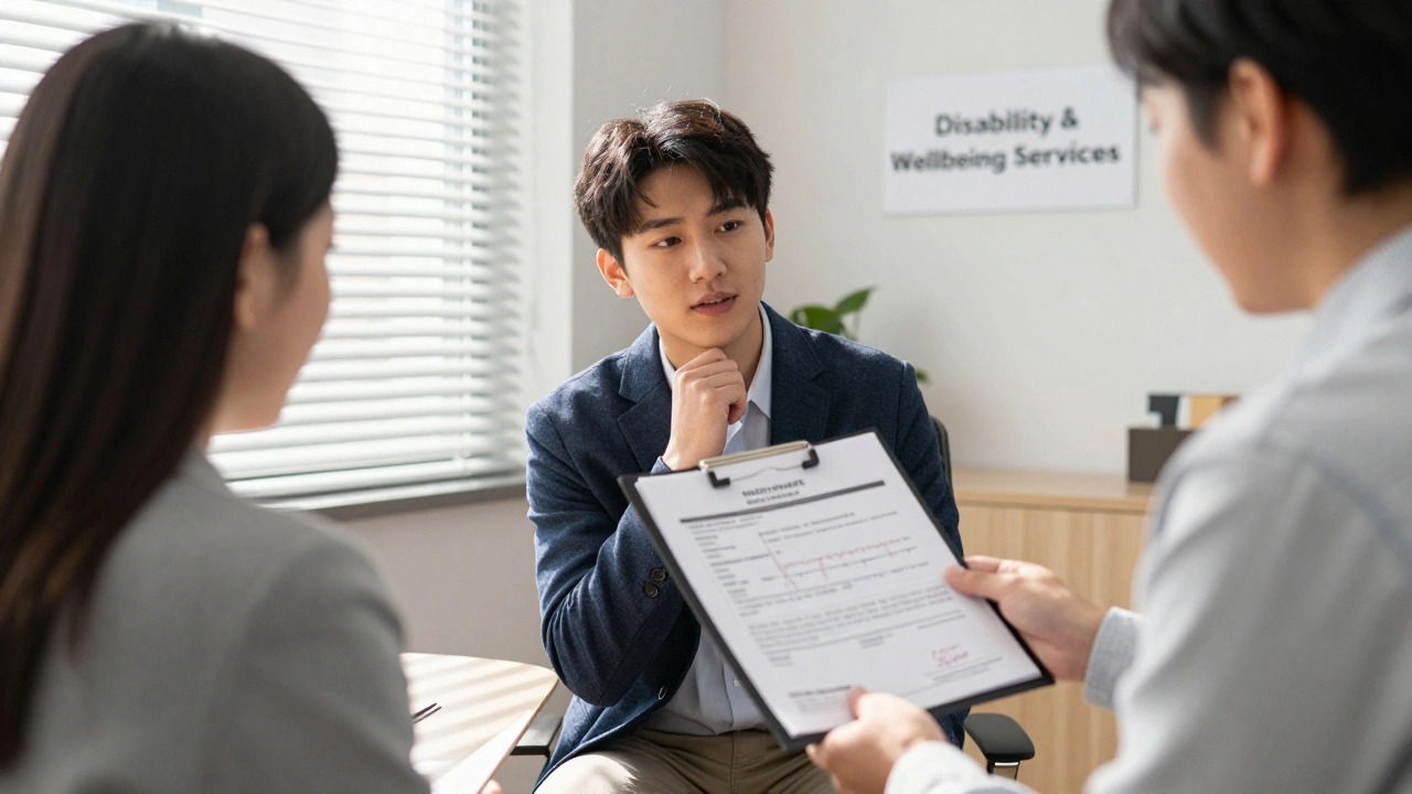 A student meeting with a university advisor to present evidence for academic accommodations.