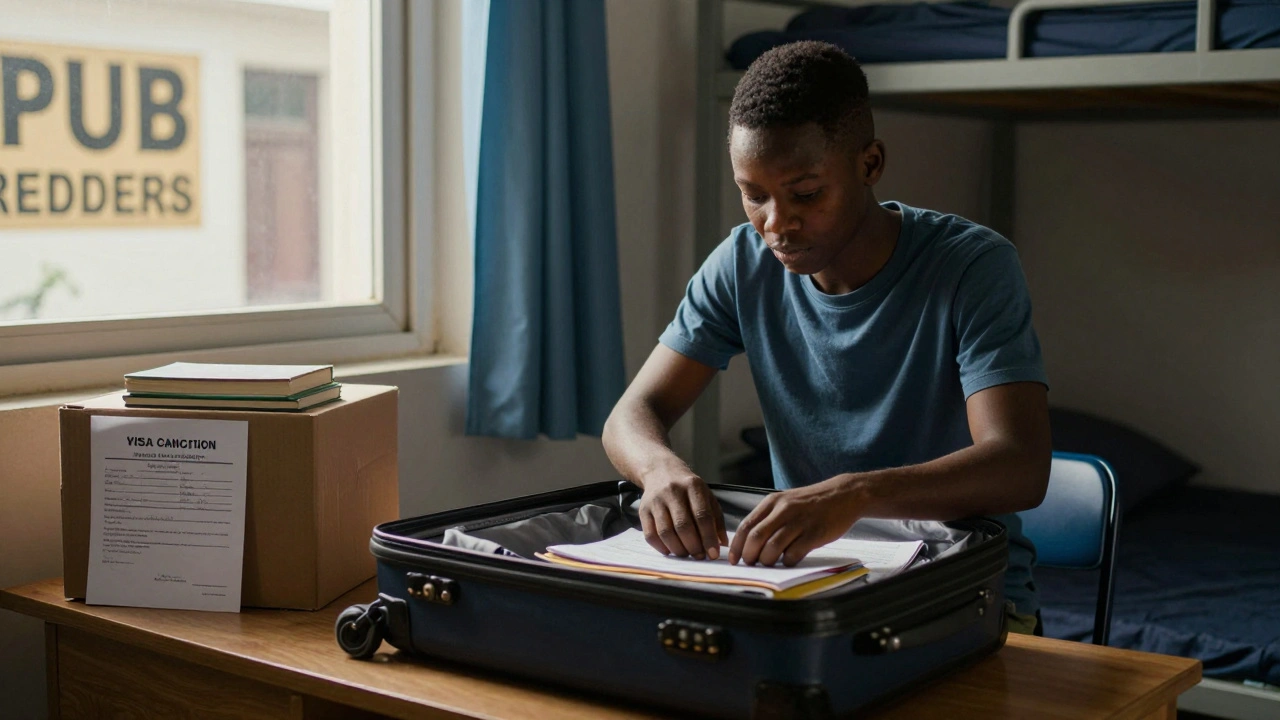 A student packing belongings after visa cancellation, with a pub sign visible through the window.