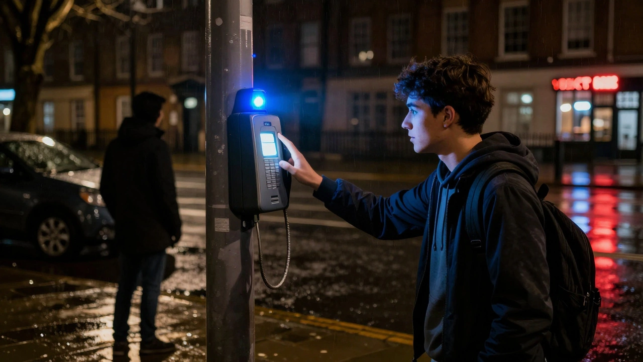 A student presses an emergency blue light phone on campus as a shadowy figure watches from afar.