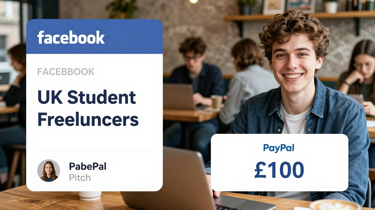 A student receiving a payment notification in a UK café after pitching their blog writing.