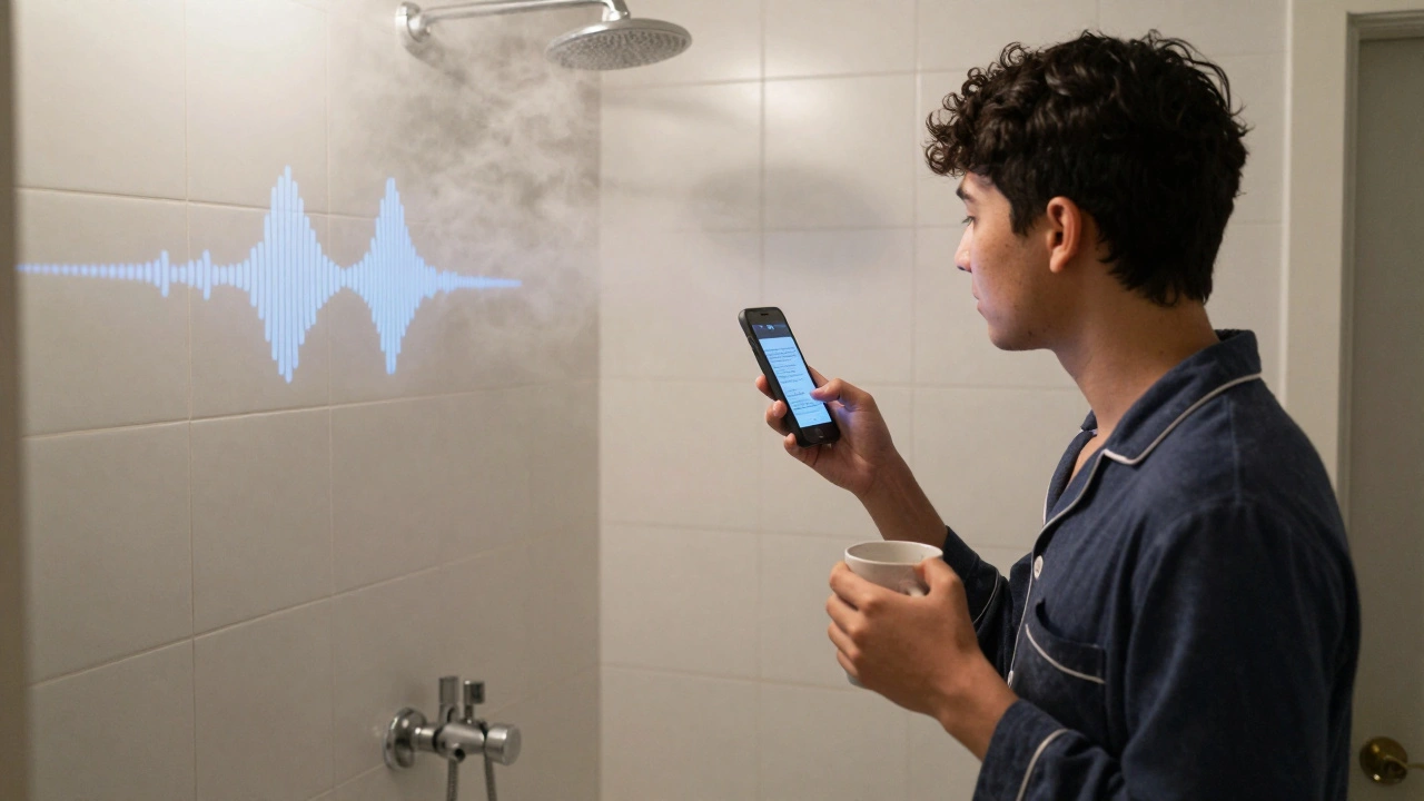 A student recording a voice note in a bathroom with a smartphone, steam in the background.