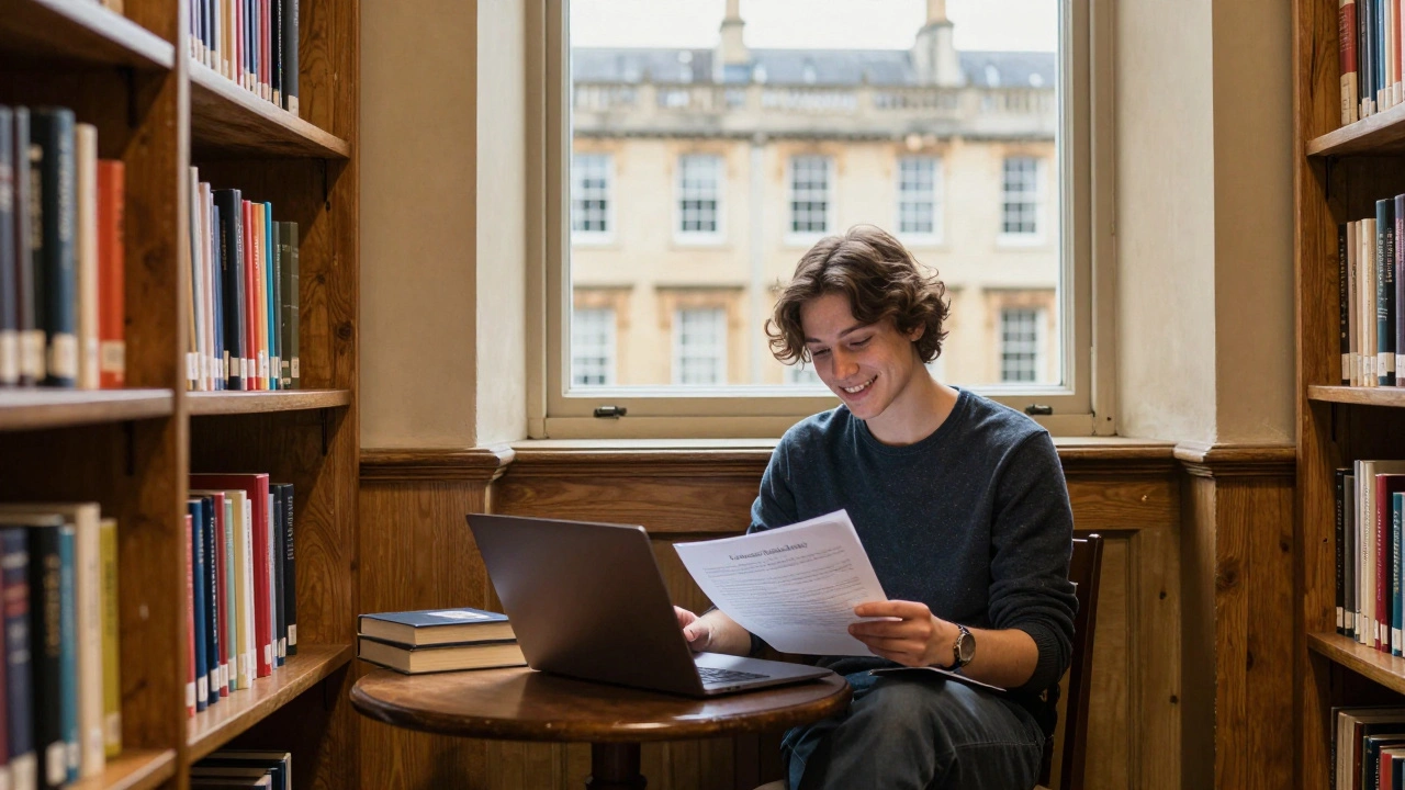 A student reviewing a portfolio in a warm, welcoming university library setting.