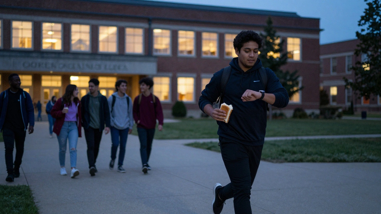 A student rushes across campus at dusk while others socialize nearby, alone in the crowd.