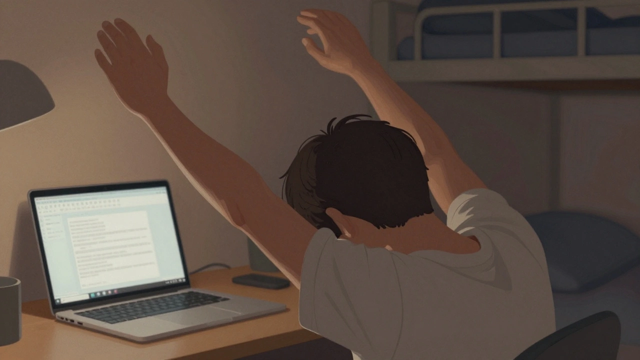 A student stretching in a cozy dorm room at night, hands reaching up, warm lamplight highlighting relaxed muscles.
