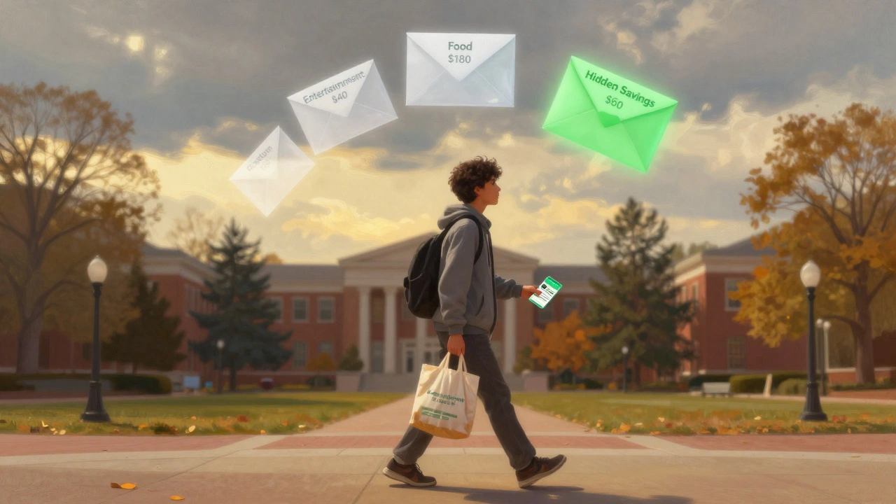 A student walking across campus with floating budget envelopes above them, symbolizing financial awareness.
