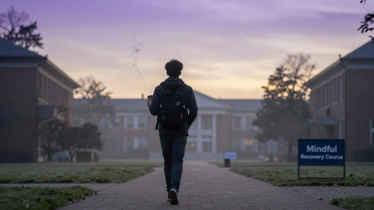 A student walking at dawn on campus, smoke fading behind them, with a recovery program sign visible ahead.
