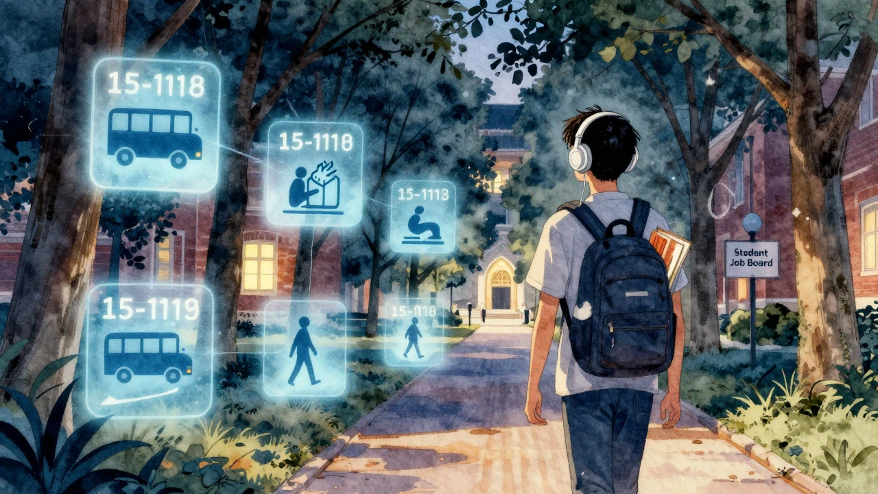 A student walking at dusk listening to an audiobook, with floating time blocks representing study chunks.