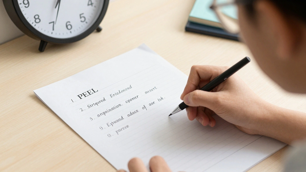 A student writing a structured PEEL-style answer during an exam, with a clock showing half-time has passed.