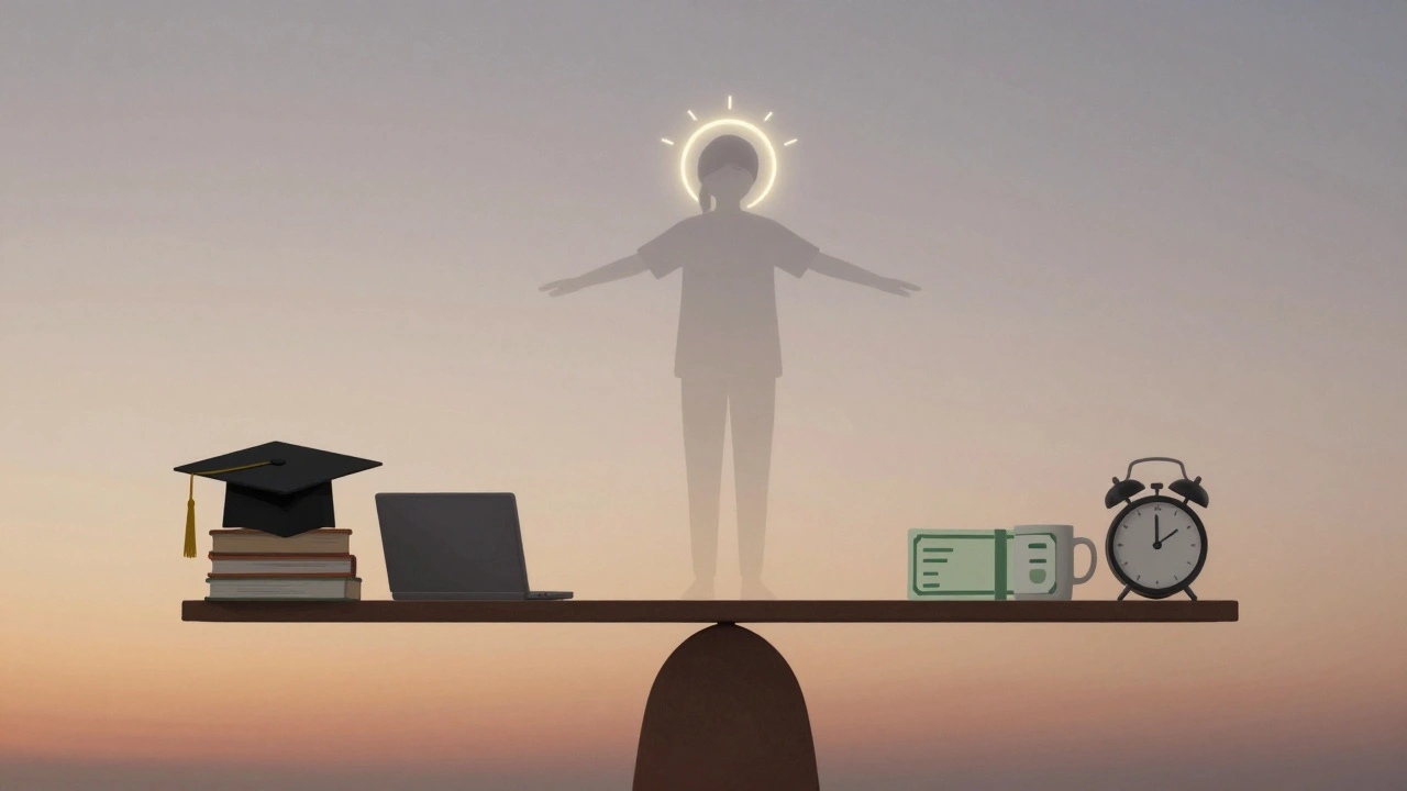 A symbolic balanced scale with academic and work items, a student at the center under a glow of rest and renewal.