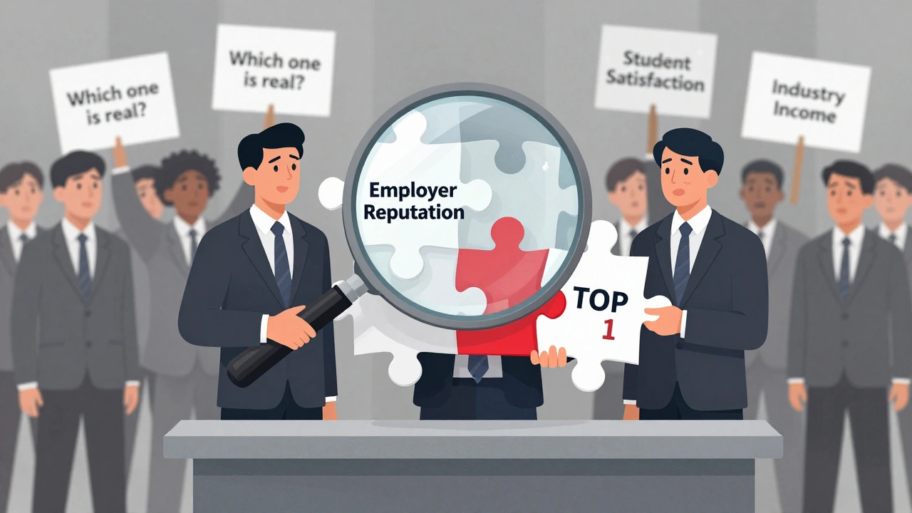 A university marketing team displays only one favorable ranking metric from a puzzle of data, while confused students look on.