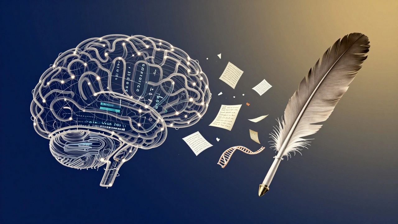 Abstract visual linking science and humanities through intertwined threads of code, DNA, books, and handwriting.
