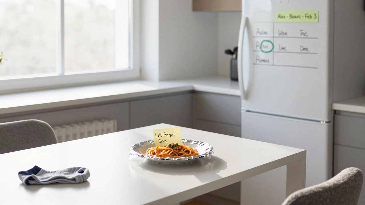 An empty but clean student kitchen in morning light, with a labeled leftover plate and a fresh fridge note on the door.