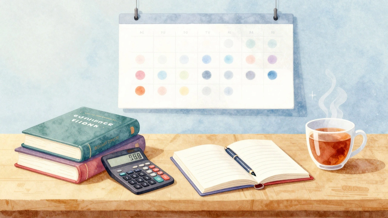 Artistic desk scene balancing textbooks and creative blogging tools.