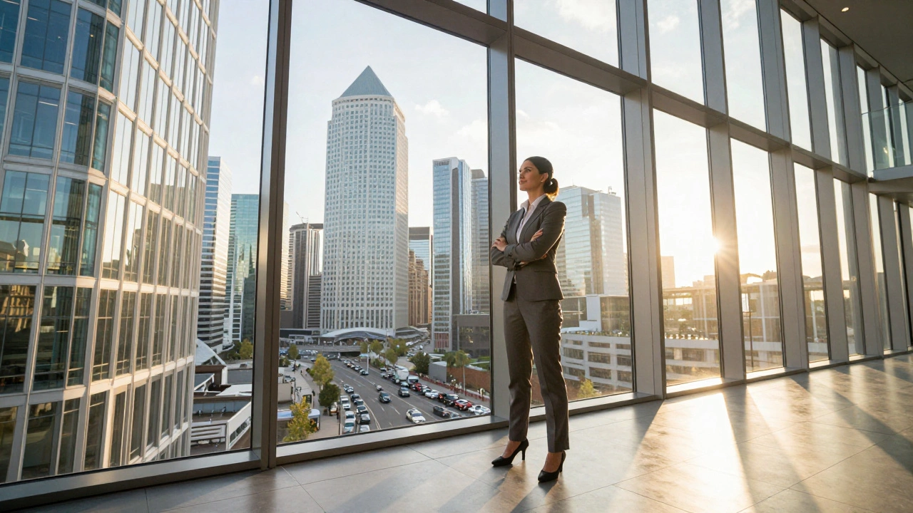 Business professional overlooking Canary Wharf skyscrapers at sunset.