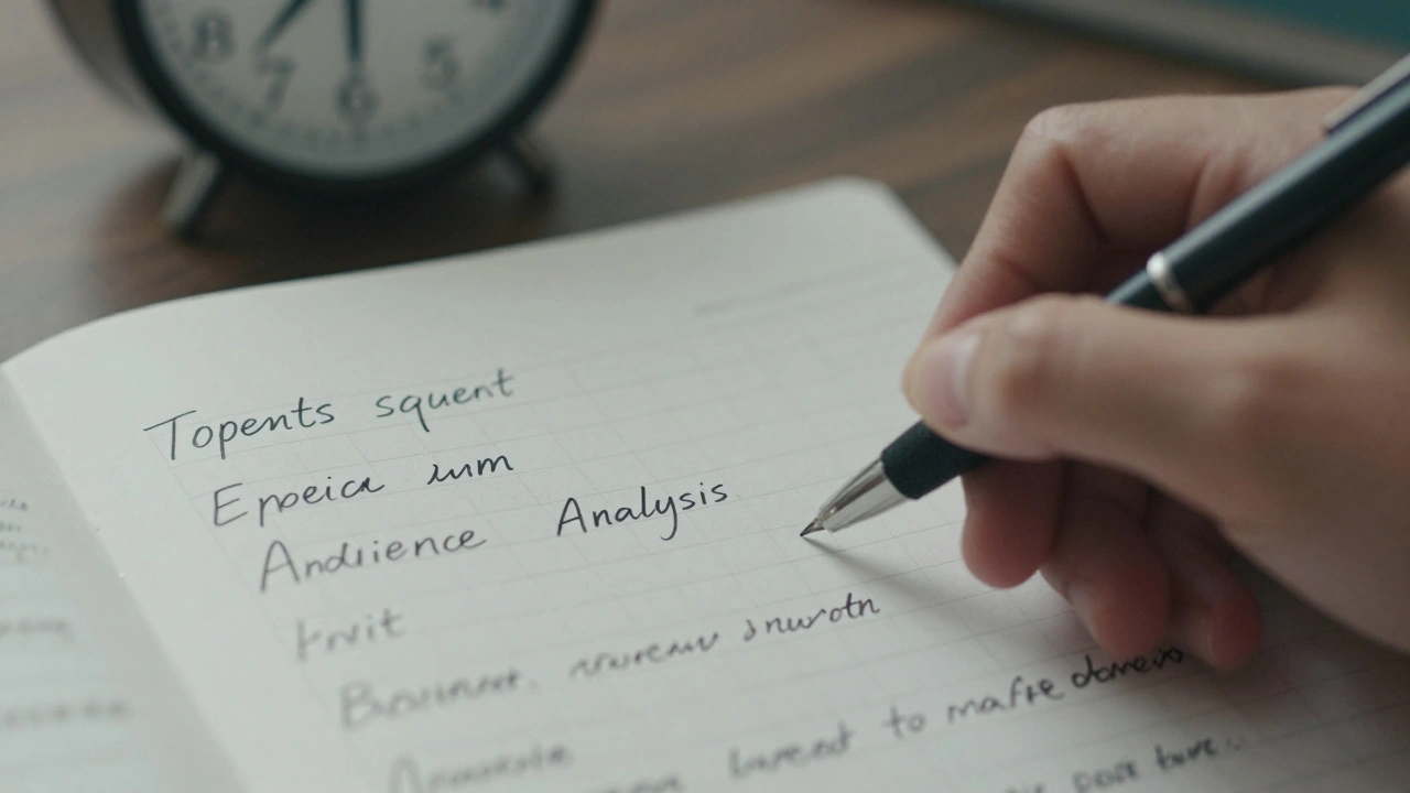 Close-up of a student's hand writing a structured essay paragraph with clear topic, evidence, analysis, and link.