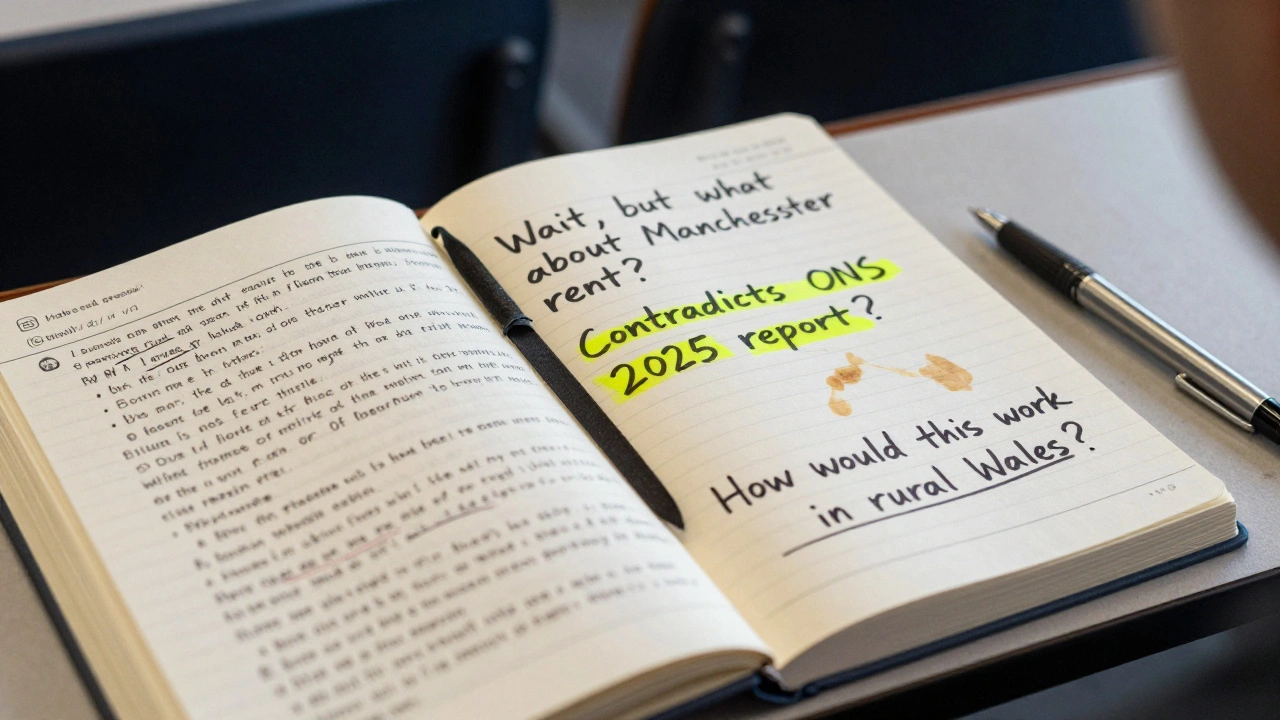 Close-up of a student's notebook showing lecture notes on one side and critical questions on the other.