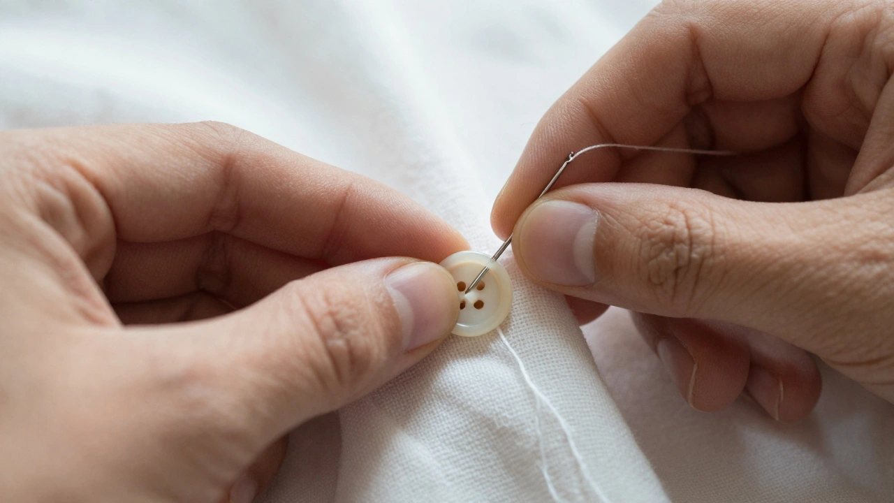 Close-up of hands sewing a button onto fabric with a needle.