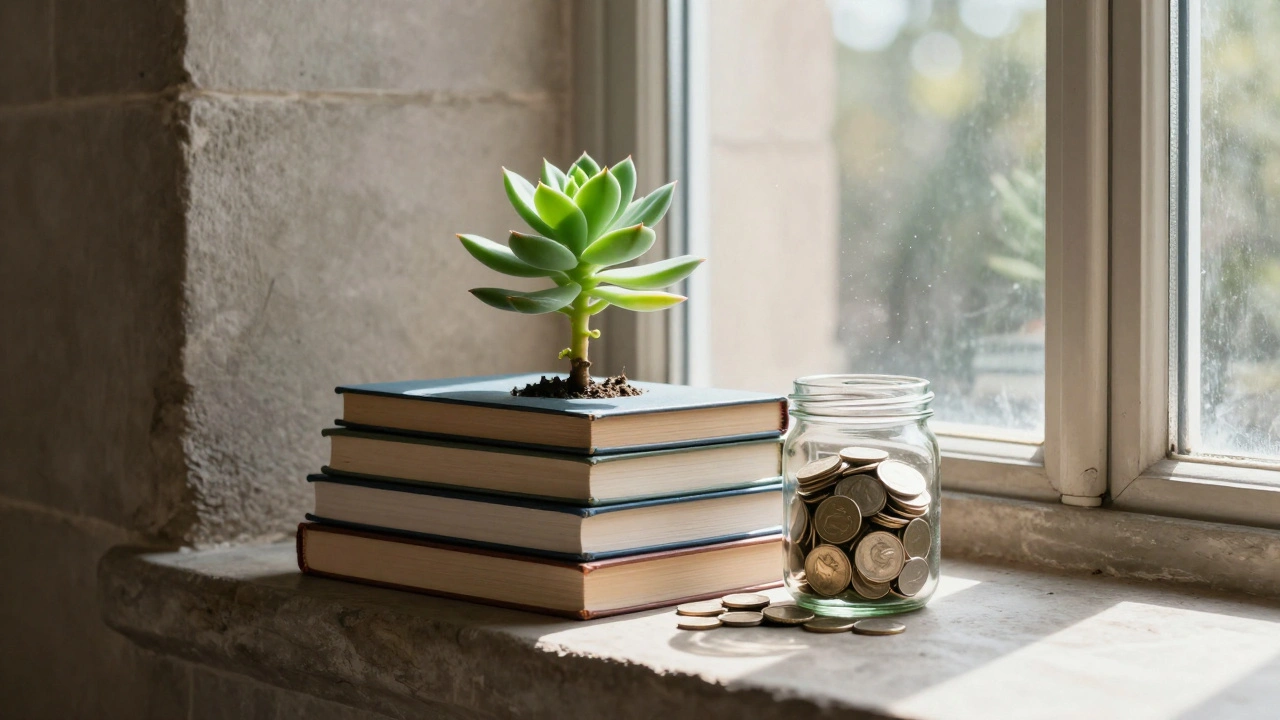 Conceptual art of plant growing from books symbolizing budget stability.