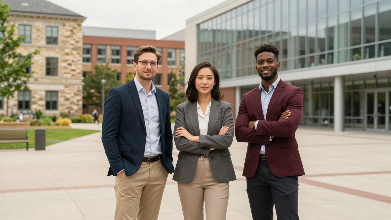 Confident graduates standing together on campus grounds