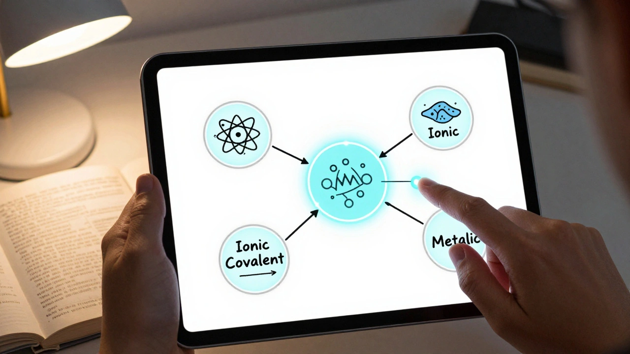 Digital mind map on tablet with glowing connections between concepts, beside an open textbook.