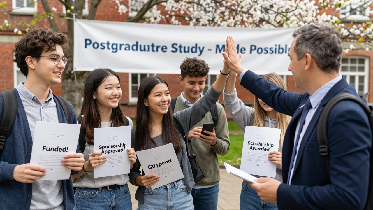 Diverse group of international students celebrating funding success in a university courtyard during spring.