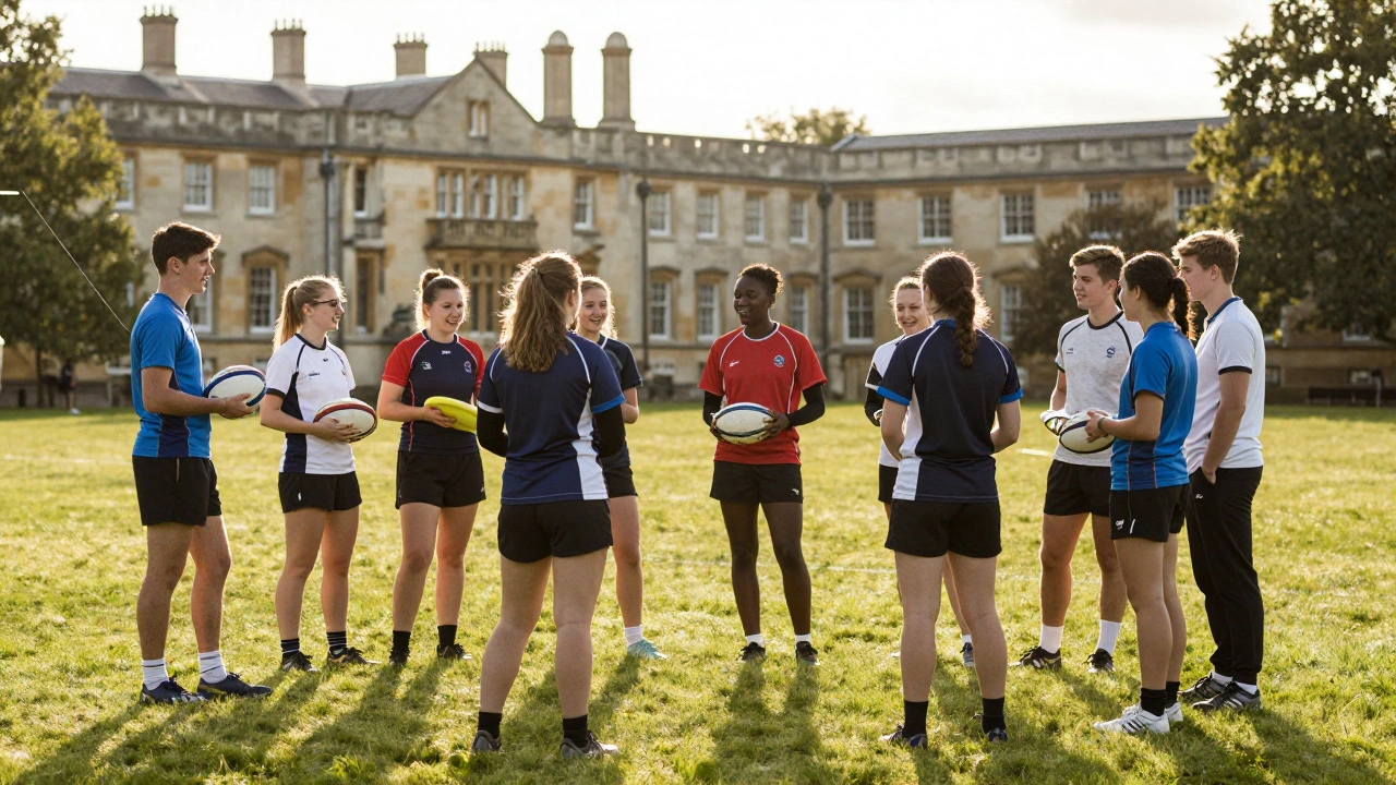 Diverse student sports club group gathering on an outdoor field.