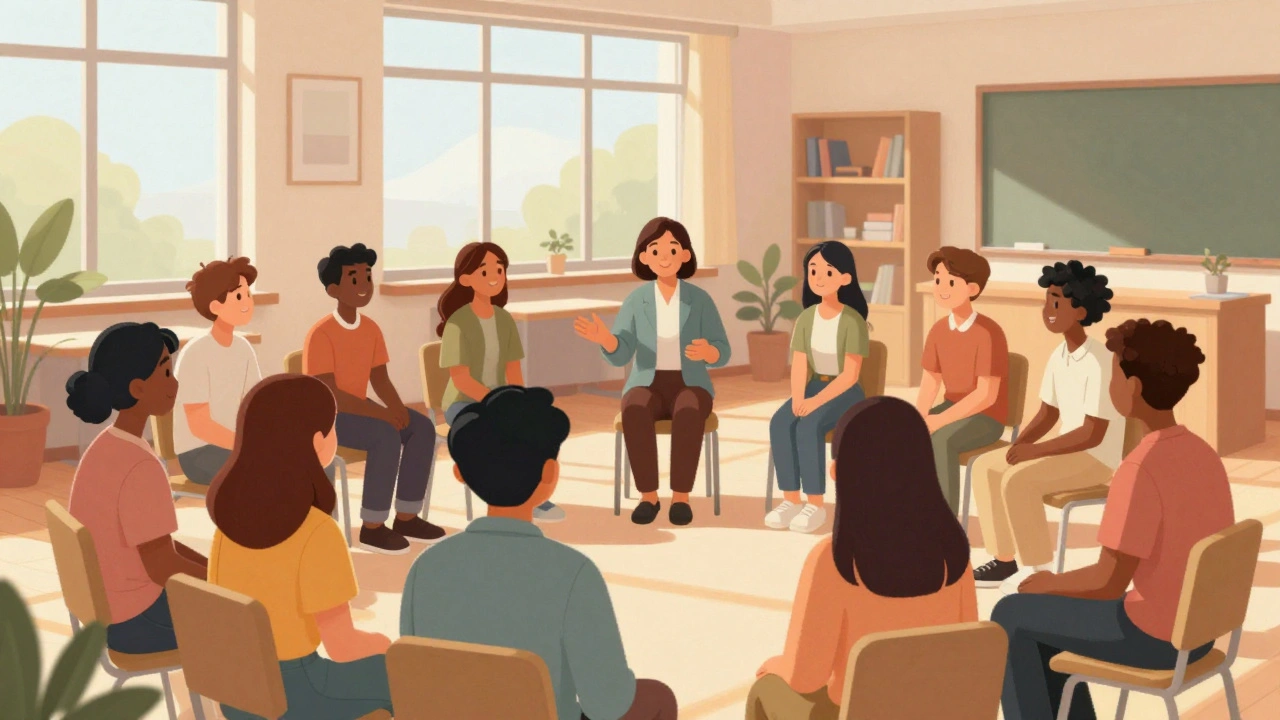 Diverse students in a university counseling workshop circle