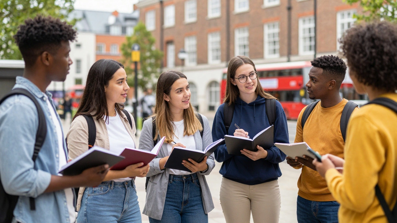 Diverse students networking on a university campus with urban background.