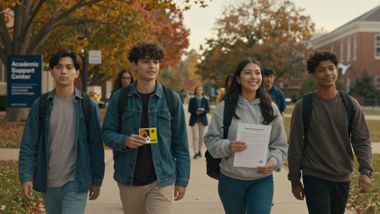 Diverse students walking on campus, one holding a disability support card, symbolizing access and empowerment.