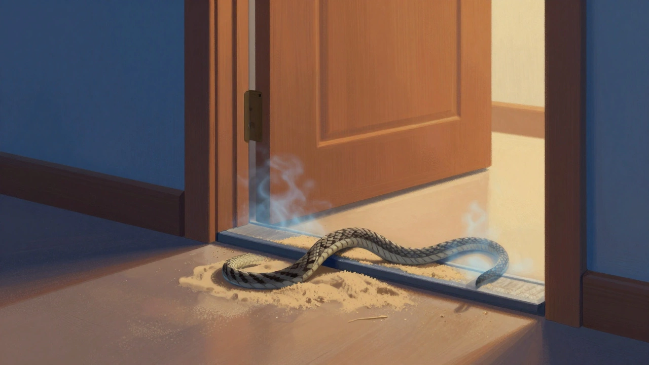 Door snake and sealant strips blocking cold air from entering a room.