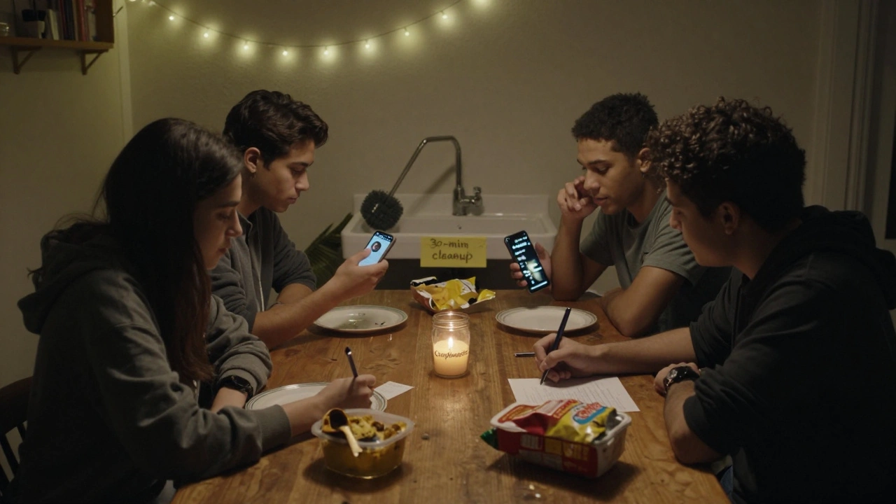 Flatmates gathered at night, one singing while others write compliments in a jar, candlelight glowing on a cluttered table.