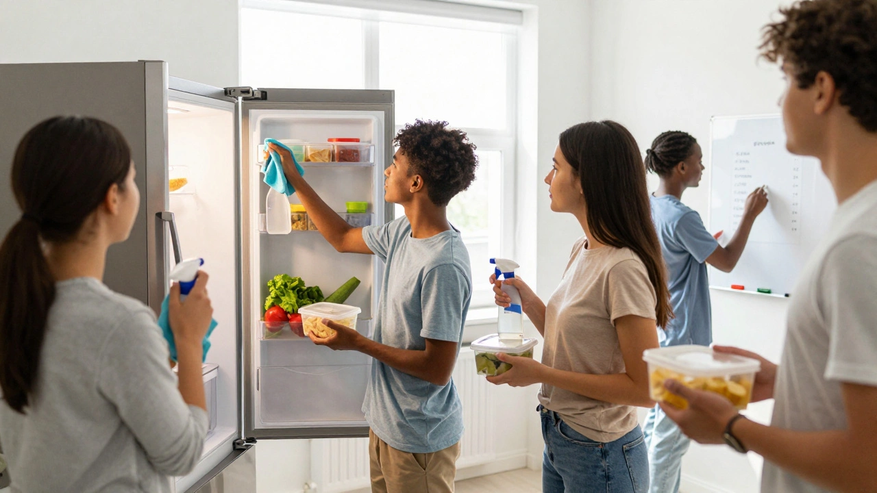 Four students cleaning a fridge together, using cloths and spray, with labeled containers and a checklist whiteboard in the background.