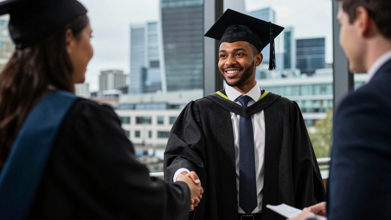 Graduate shaking hands at career networking event