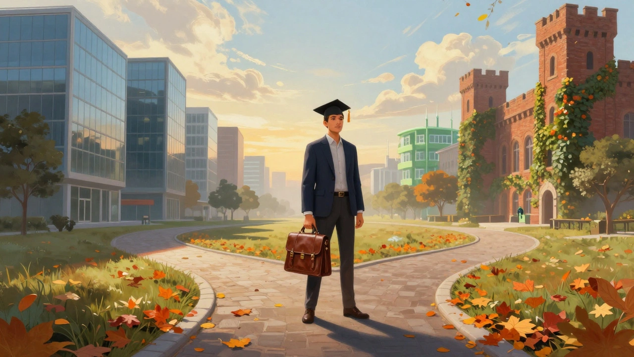 Graduate standing at a crossroads with three paths leading to different careers.