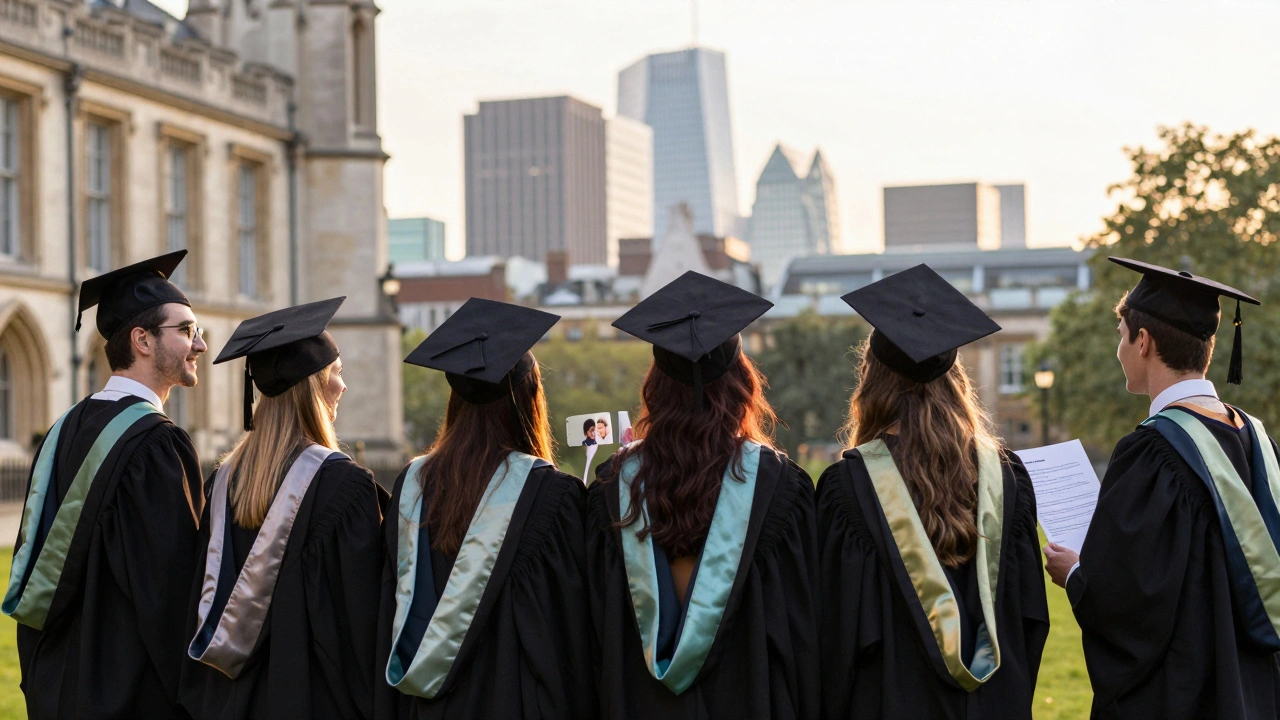 Graduates standing outside a UK university at sunrise, looking toward city skyline.