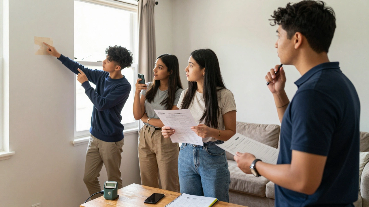 Group of students and landlord reviewing printed inventory checklist together in a rental property living room.