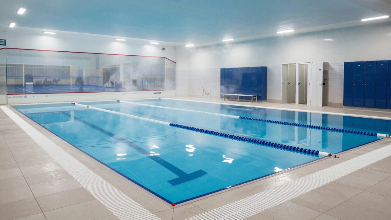Indoor swimming pool with marked lanes at a university facility.