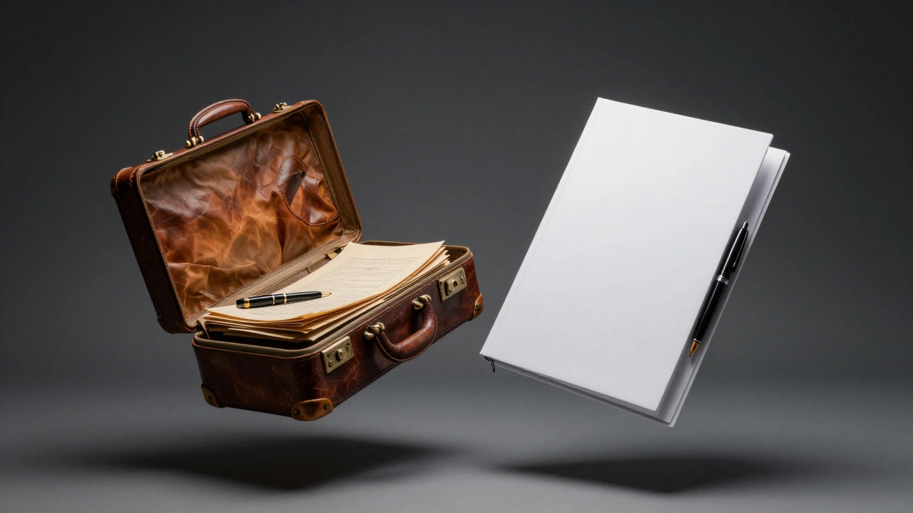 Leather briefcase and academic folder floating in studio lighting.