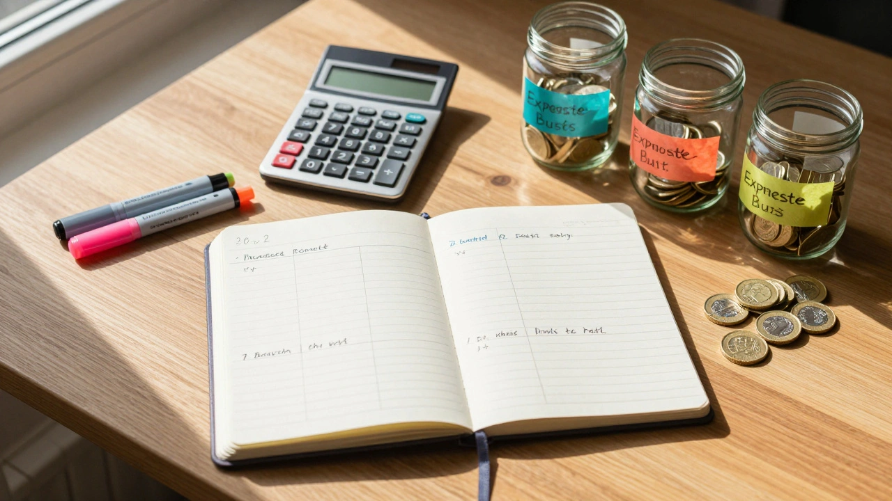 Notebook and coins arranged for budgeting on a wooden desk
