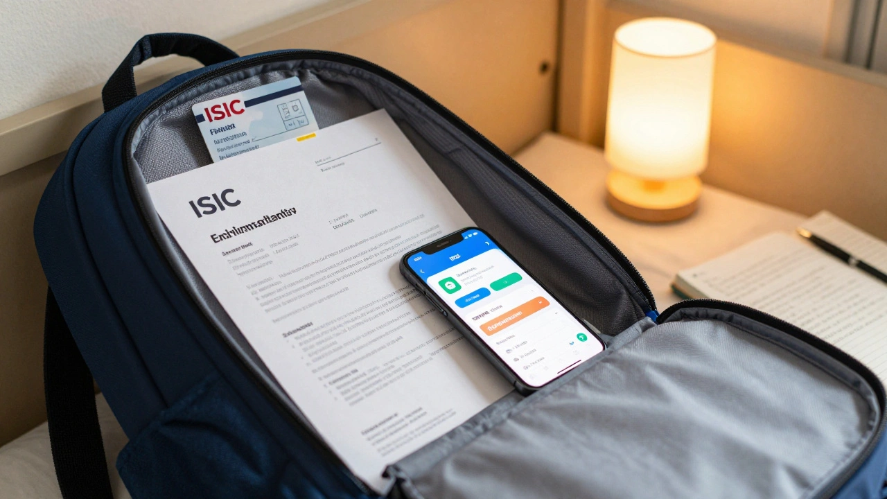 Open backpack with ISIC card, enrollment letter, and phone showing student discount app.