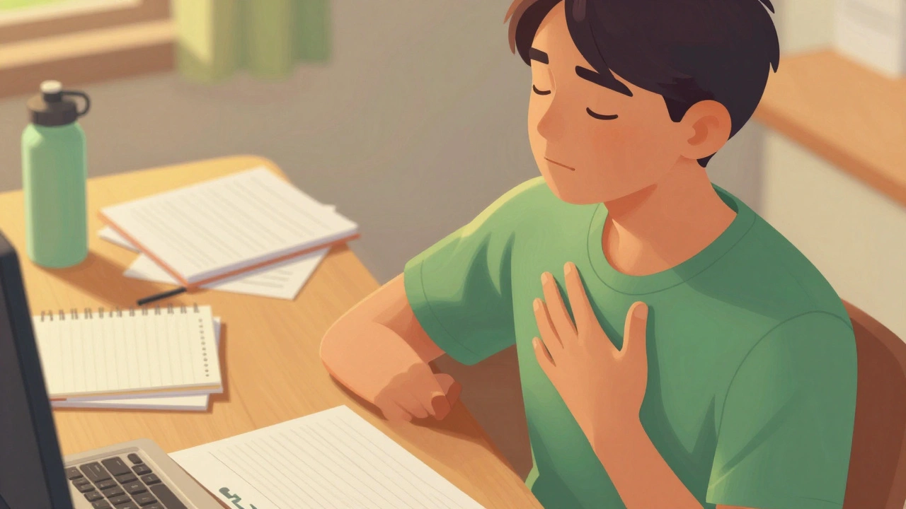 Person practicing deep breathing at study desk