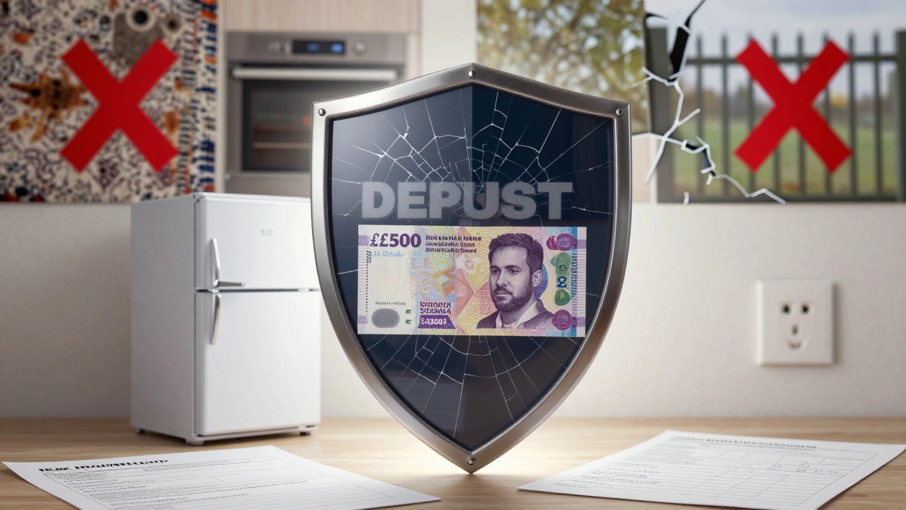 Protective shield made of inventory documents and photos guarding a student's deposit amount from damage claims.