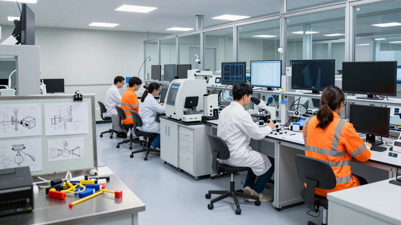 Researchers working in a high-tech science laboratory with advanced equipment.