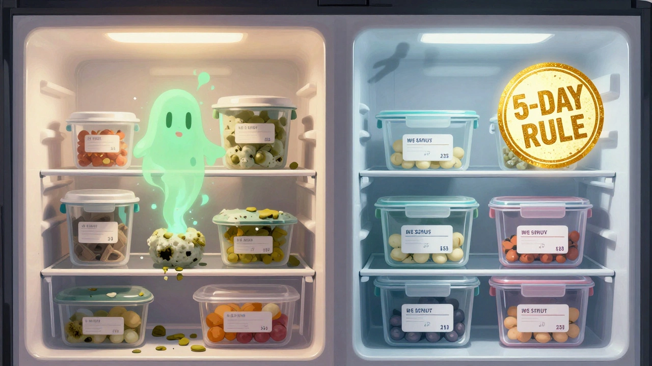 Split fridge image: chaotic spoiled food on left, clean labeled items on right, with a golden '5-DAY RULE' stamp above.