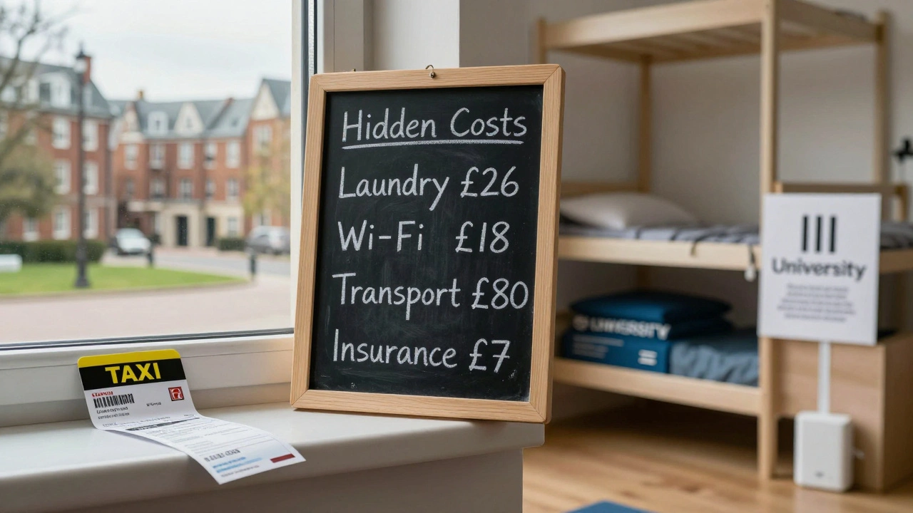 Split image comparing cheap and expensive student housing, showing hidden fees like laundry, transport, and Wi-Fi charges.