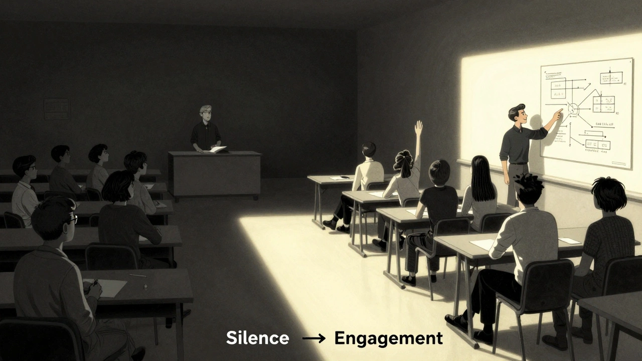 Split image contrasting a silent seminar with an active, engaged one, showing the transformation of participation.